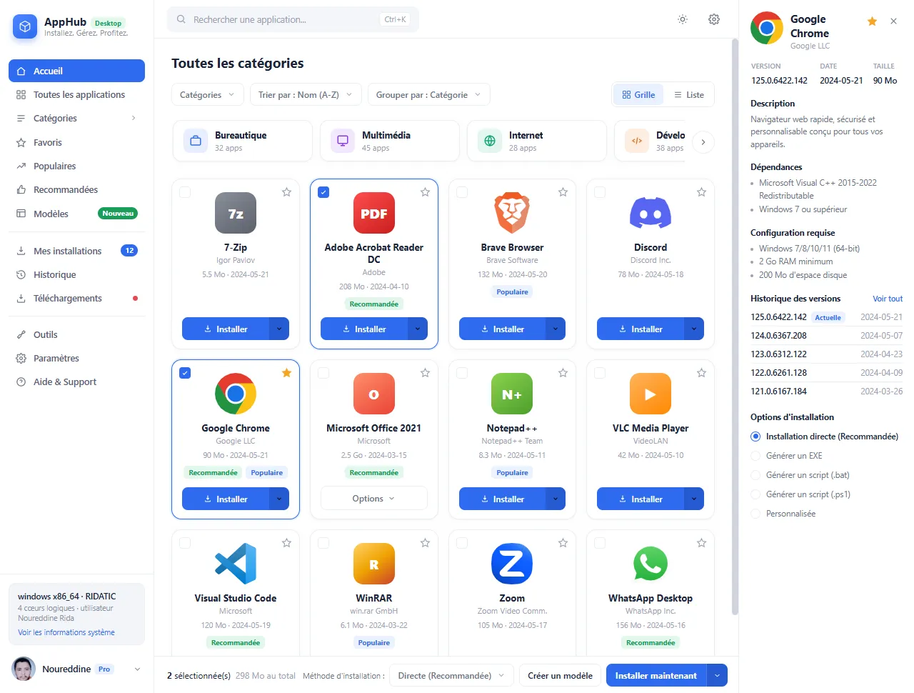 AppHub : grille de logiciels avec filtres, sélection multiple et panneau de détails