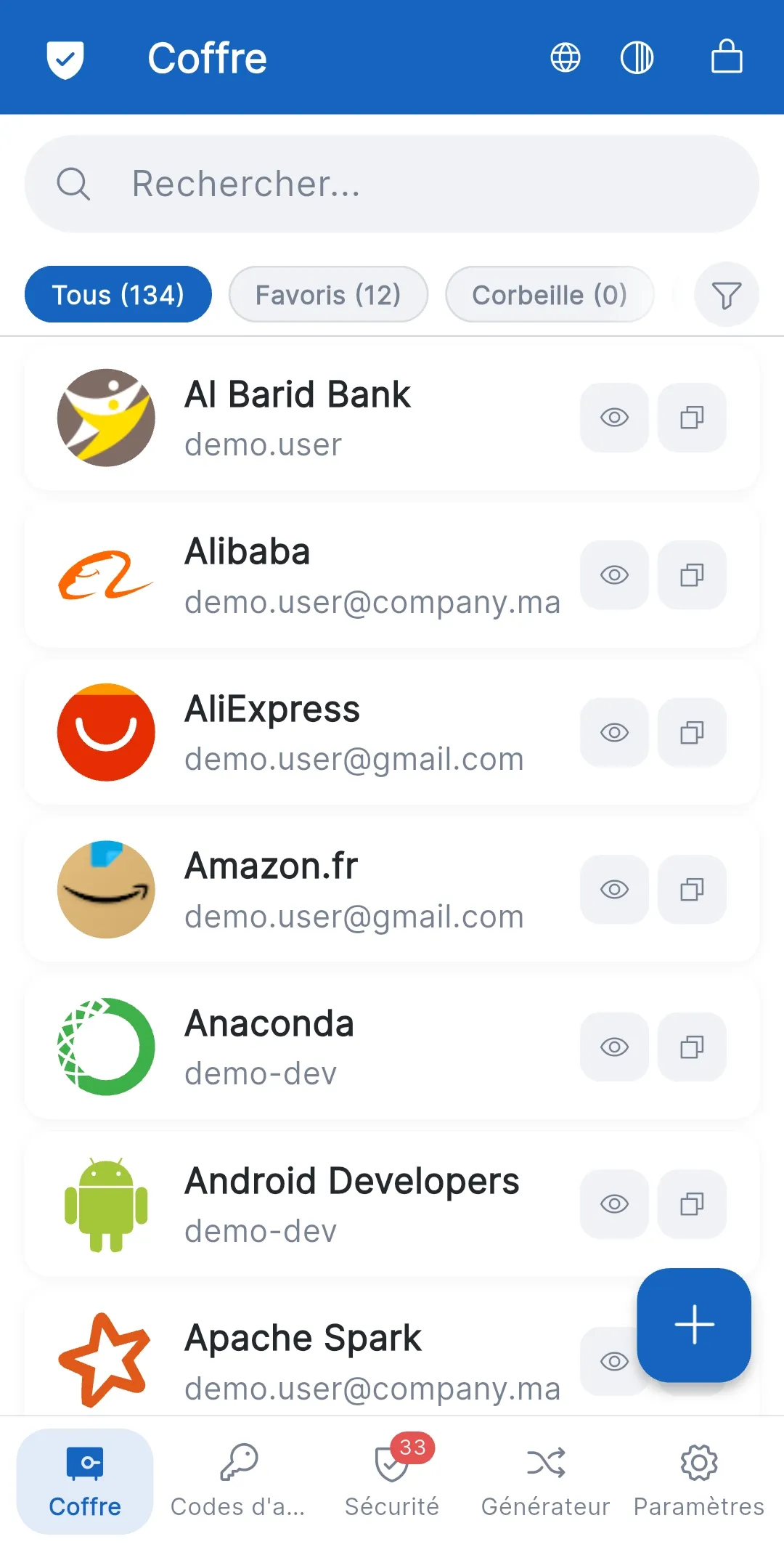 Passman : coffre des comptes avec recherche et filtres