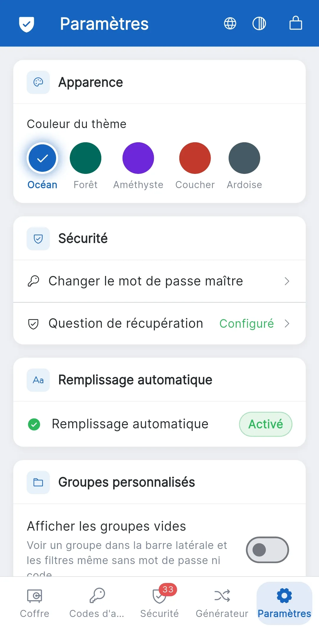 Passman : les paramètres