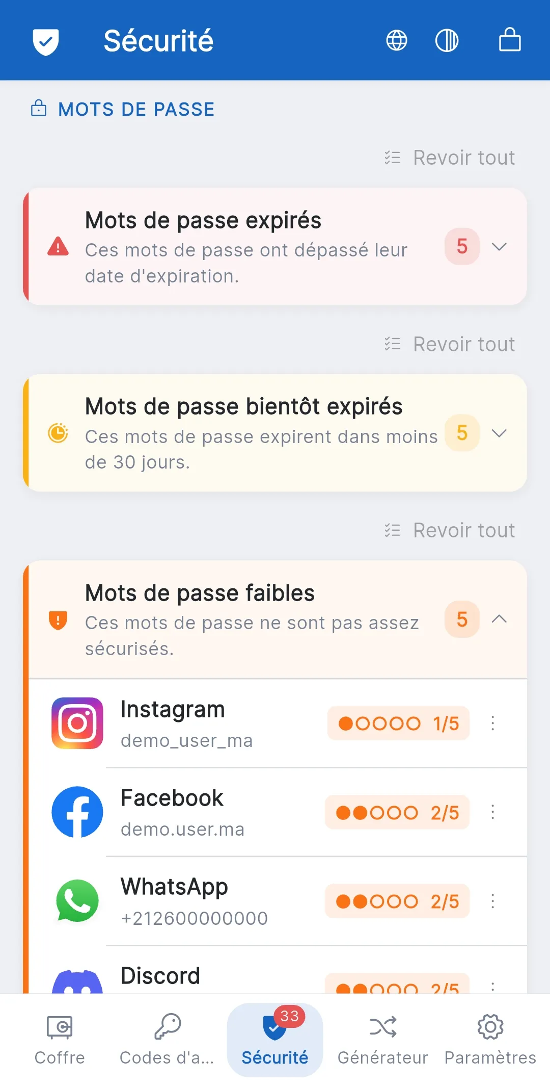 Passman : tableau de bord de sécurité avec mots de passe faibles et expirés