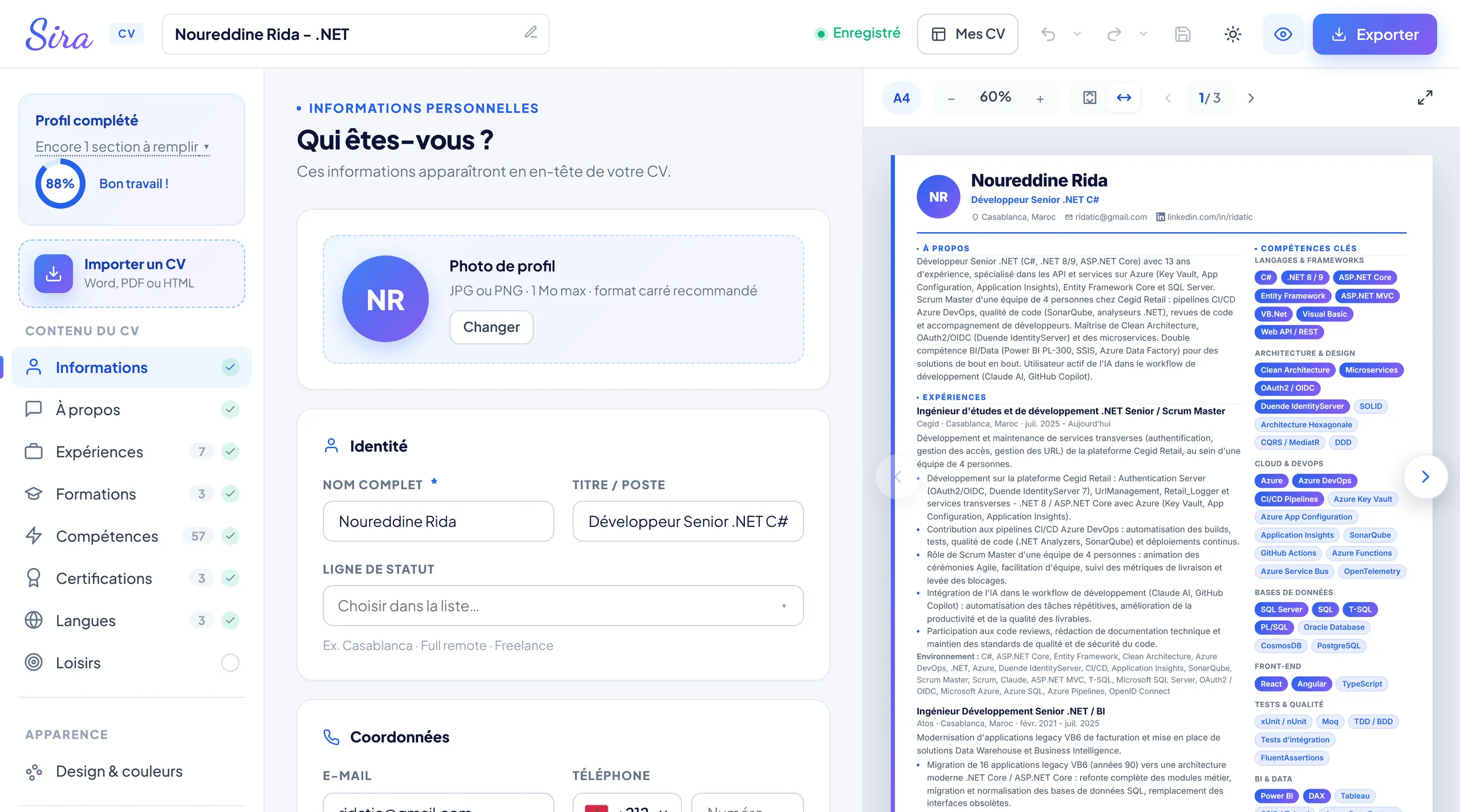 Sira : éditeur de CV avec formulaire à gauche et aperçu du CV en direct à droite